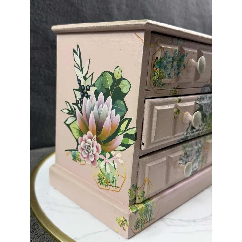Vintage Wood Jewelry Box Hand Painted Decoupage Floral 4 Drawer Chest Organizer